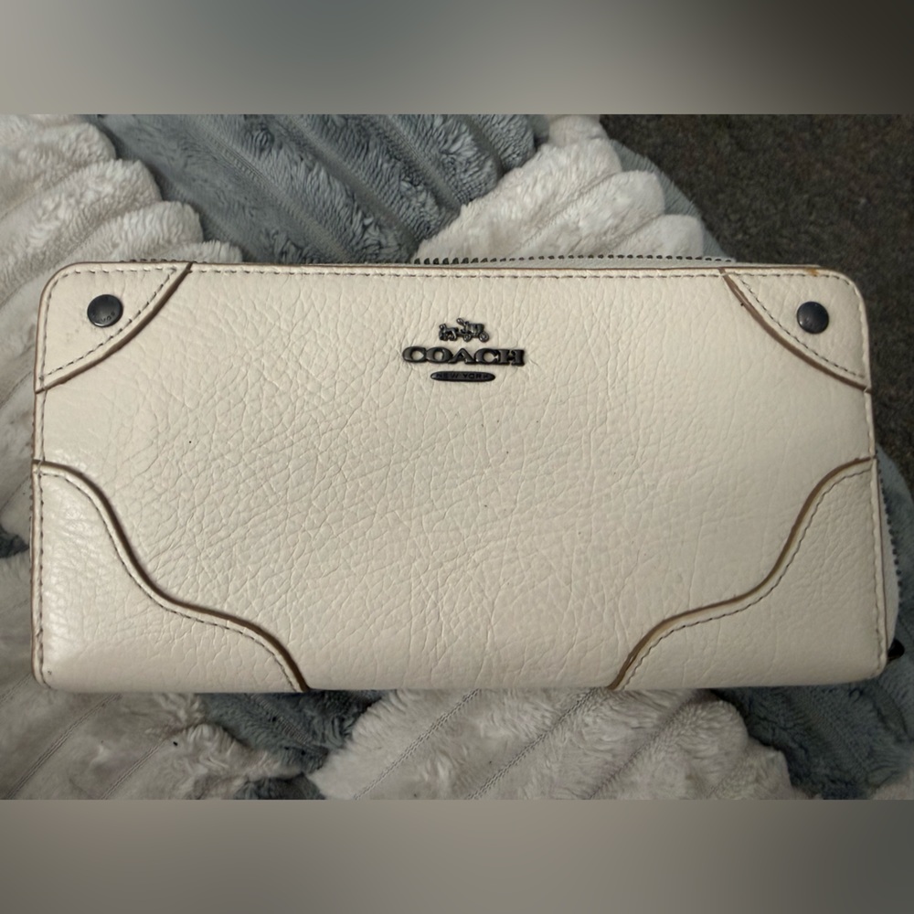 Coach Cream Leather Zip-Around Wallet with Silver Logo